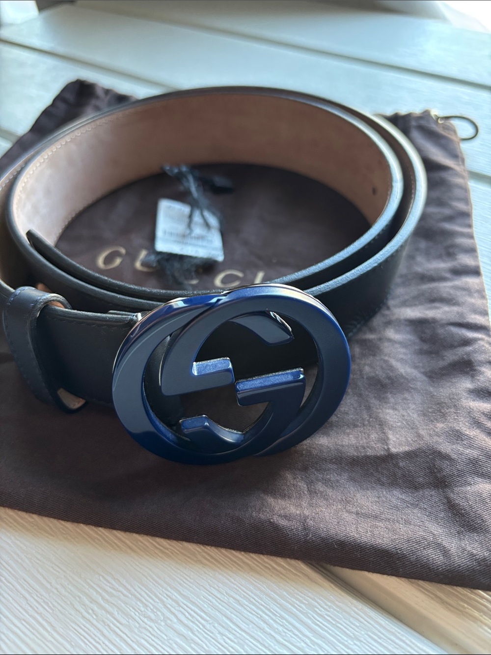 Gucci Black Leather Belt with Blue Interlocking G Buckle